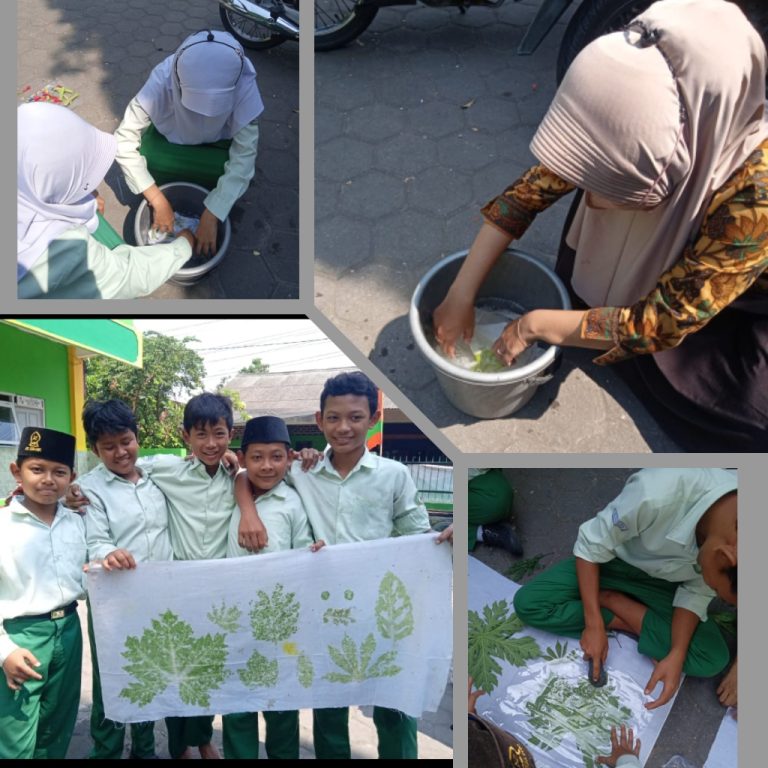 Siswa Kelas 6 MI. Futuhiyyah Palebon Praktek membuat Batik Ecoprint Motif Flora