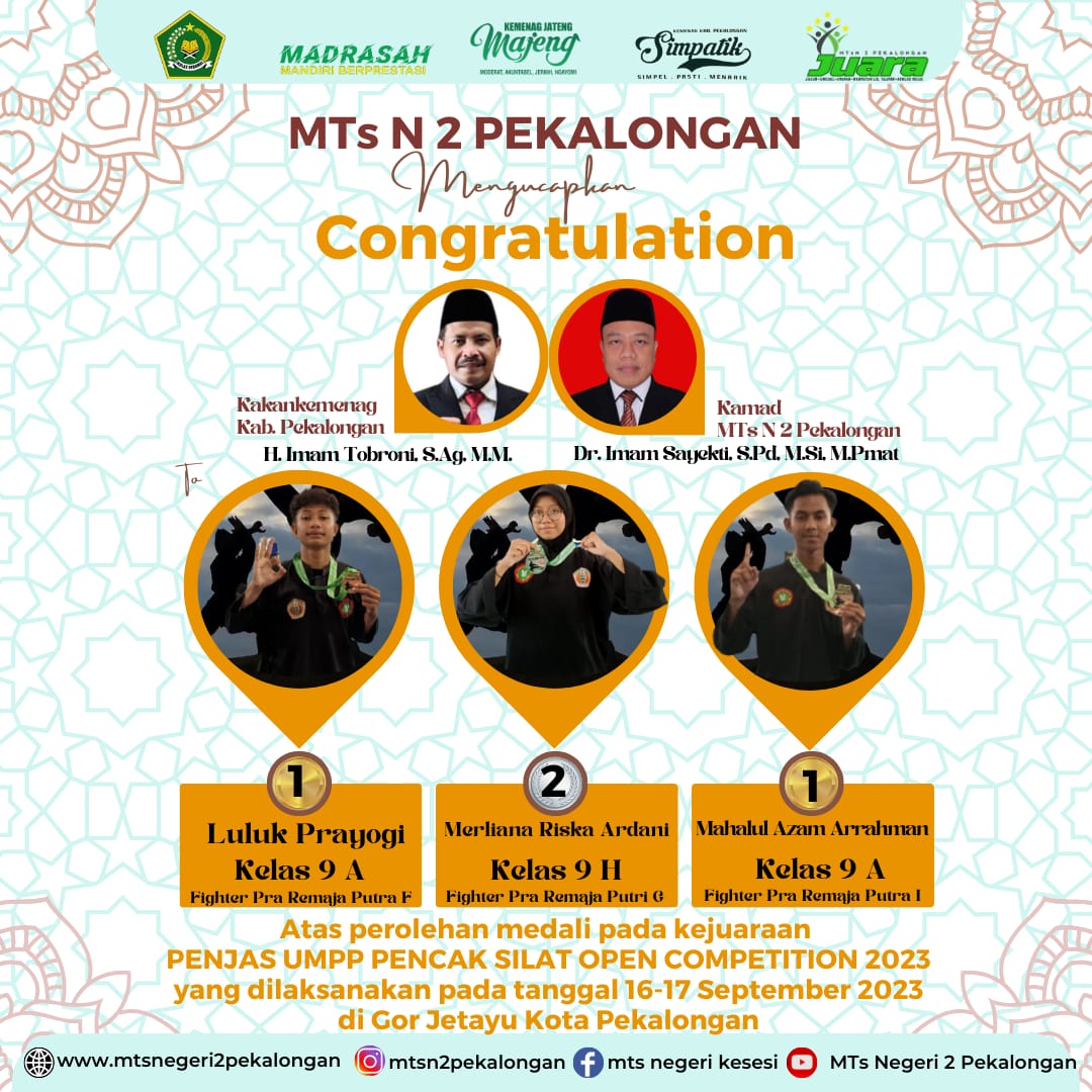 Tiga Siswa MTsN 2 Pekalongan Raih Juara Pencak Silat Open Competition