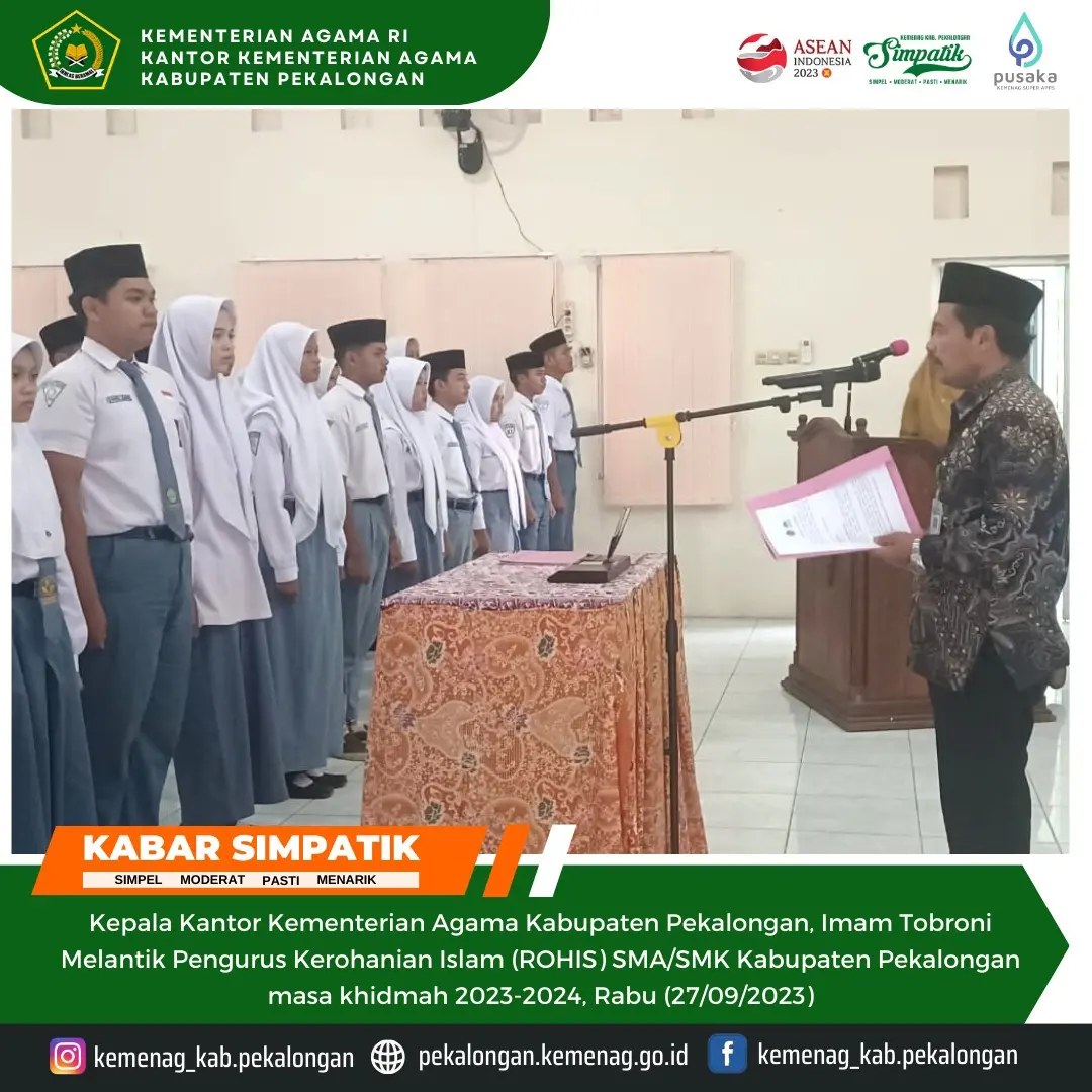 Kepala Kemenag Imam Tobroni Lantik Pengurus ROHIS SMA/SMK
