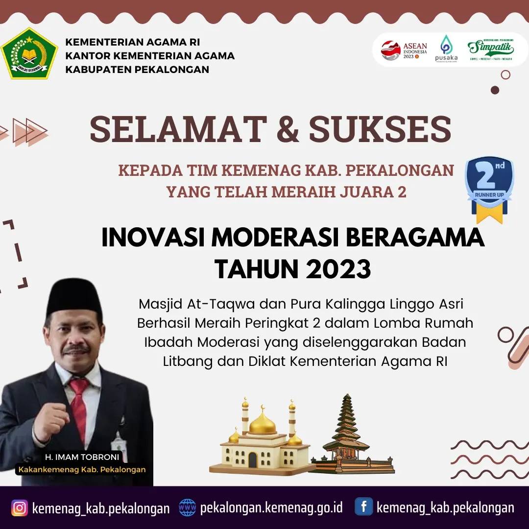 Masjid At-Taqwa dan Pura Kalingga Linggo Asri Meraih Juara 2 Sebagai Rumah Ibadah Moderasi