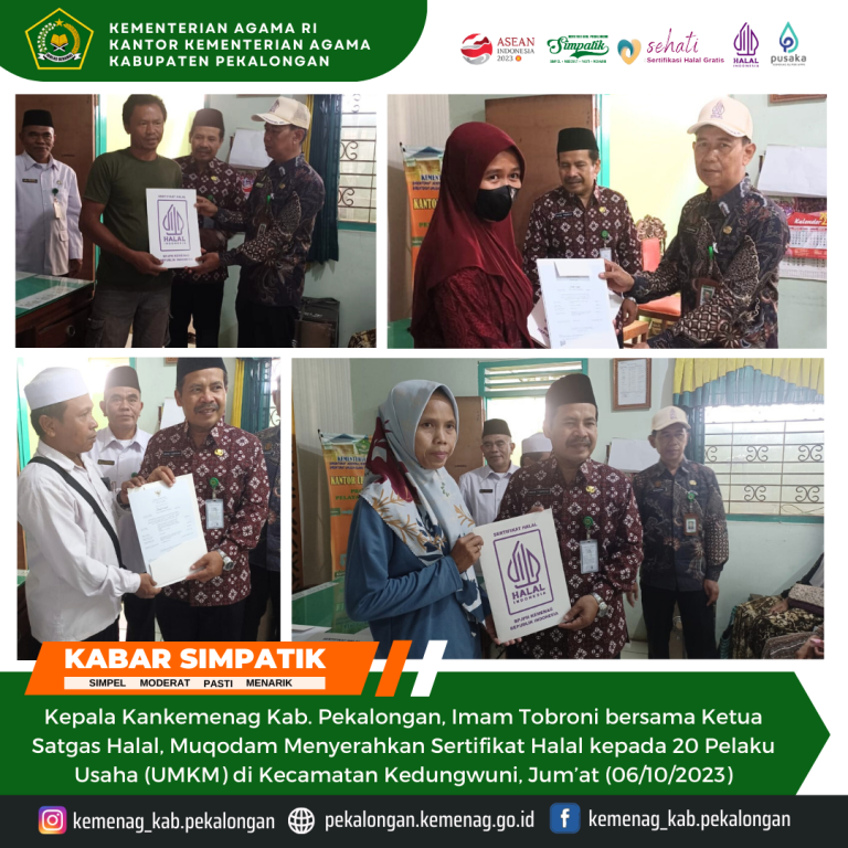 Kakankemenag Imam Tobroni Serahkan Sertifikat Halal Kepada Pelaku Usaha/UMKM di Kecamatan Kedungwuni