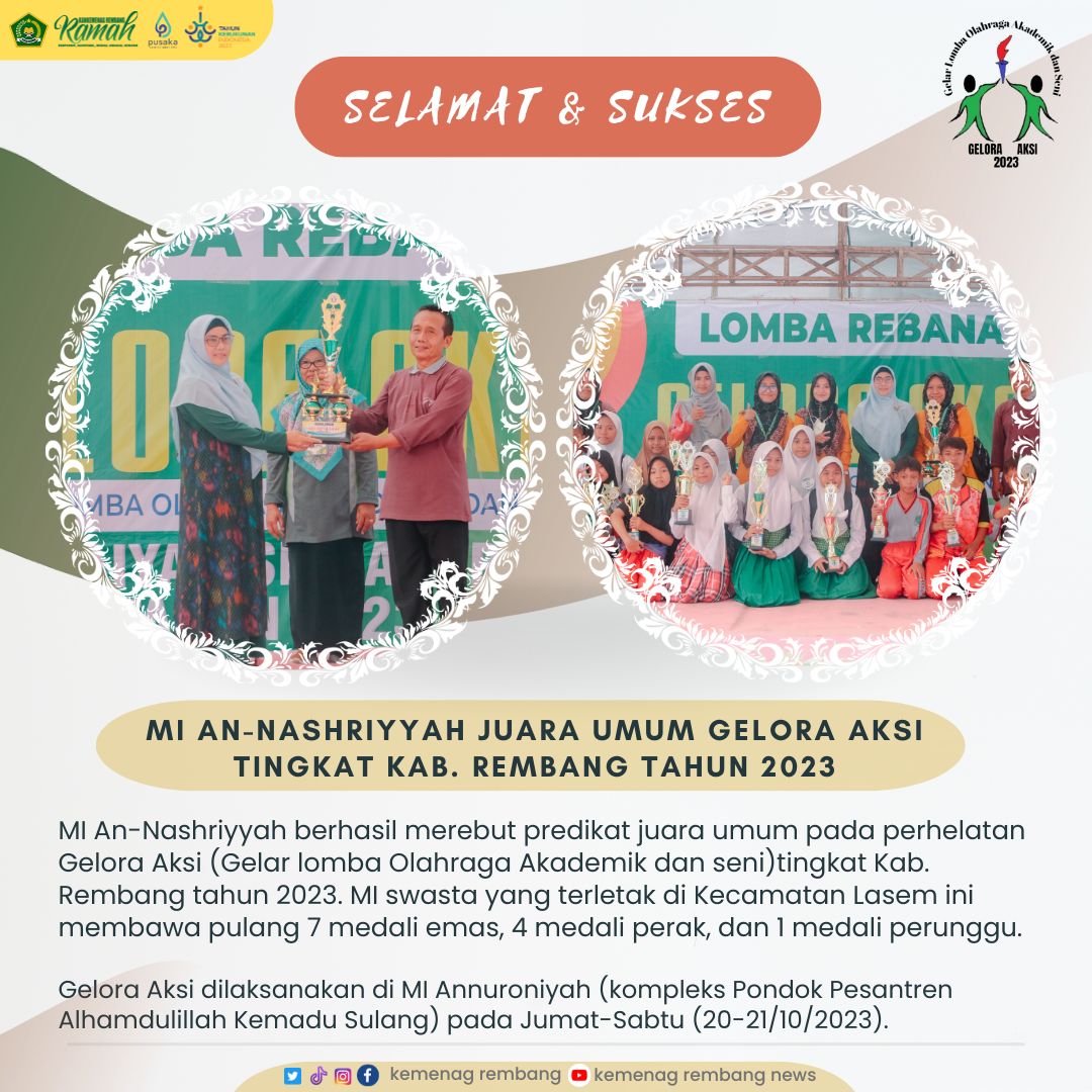 MI An-Nashriyyah Sabet Juara Umum Gelora Aksi MI tahun 2023