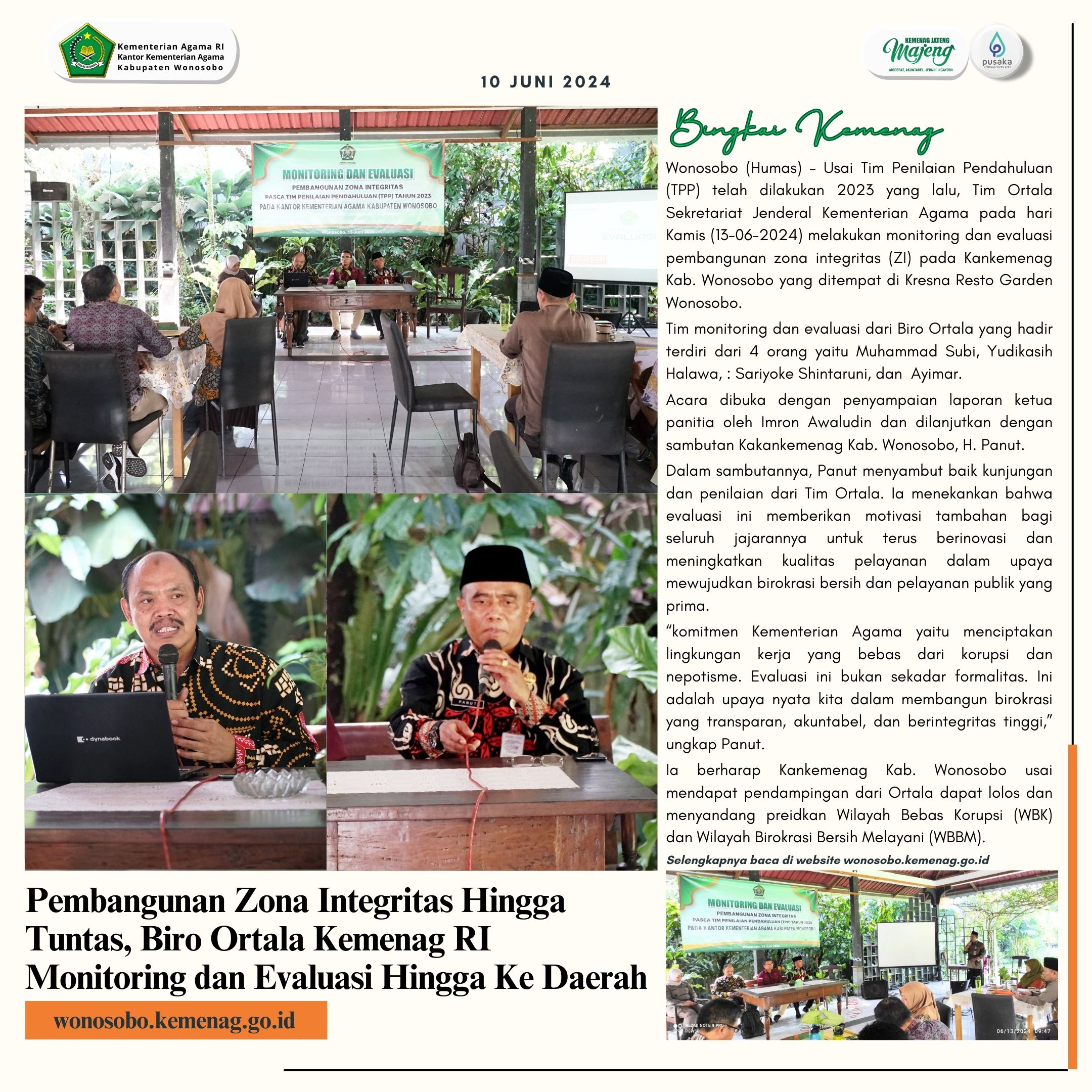 Pembangunan Zona Integritas Hingga Tuntas, Biro Ortala Kemenag RI Monitoring dan Evaluasi Hingga Ke Daerah