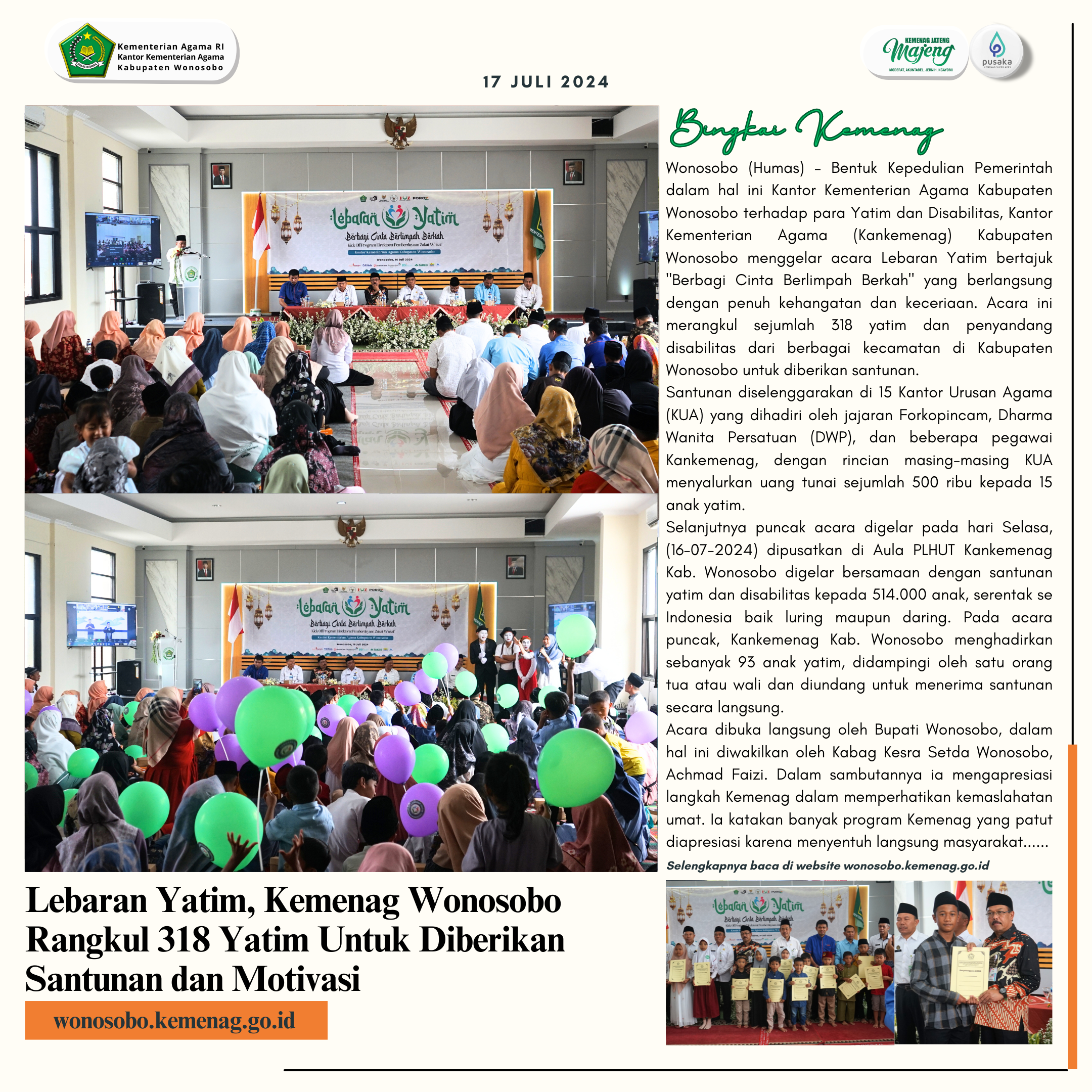 Lebaran Yatim, Kemenag Wonosobo Rangkul 318 Yatim Untuk Diberikan Santunan dan Motivasi