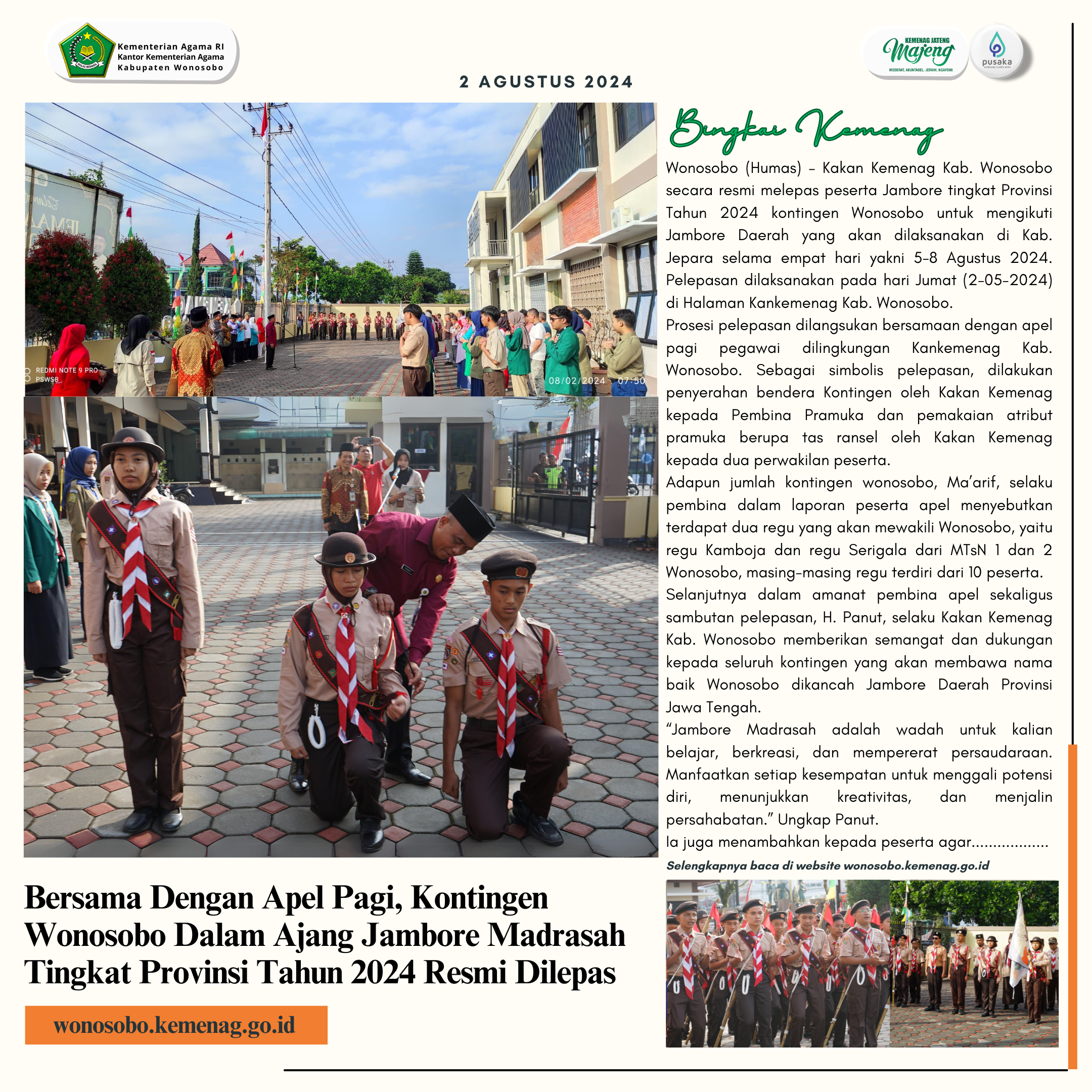 Kontingen Wonosobo Dalam Jambore Madrasah Tingkat Provinsi Tahun 2024 Resmi Dilepas Saat Apel Pagi
