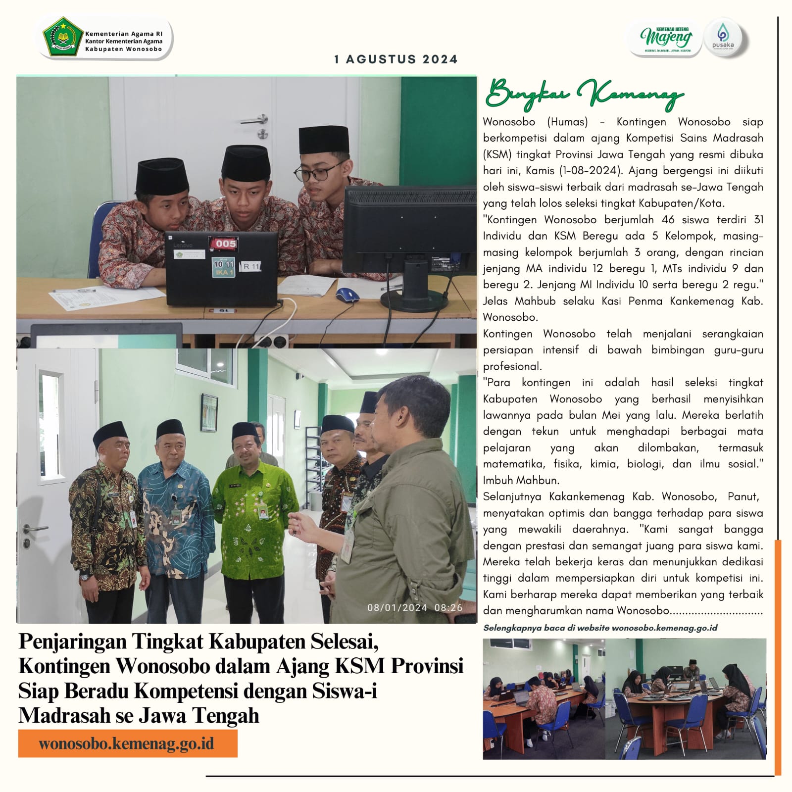 Penjaringan Tingkat Kabupaten Selesai, Kontingen Wonosobo Siap Beradu Kompetensi di KSM Tingkat Provinsi dengan Jawa Tengah