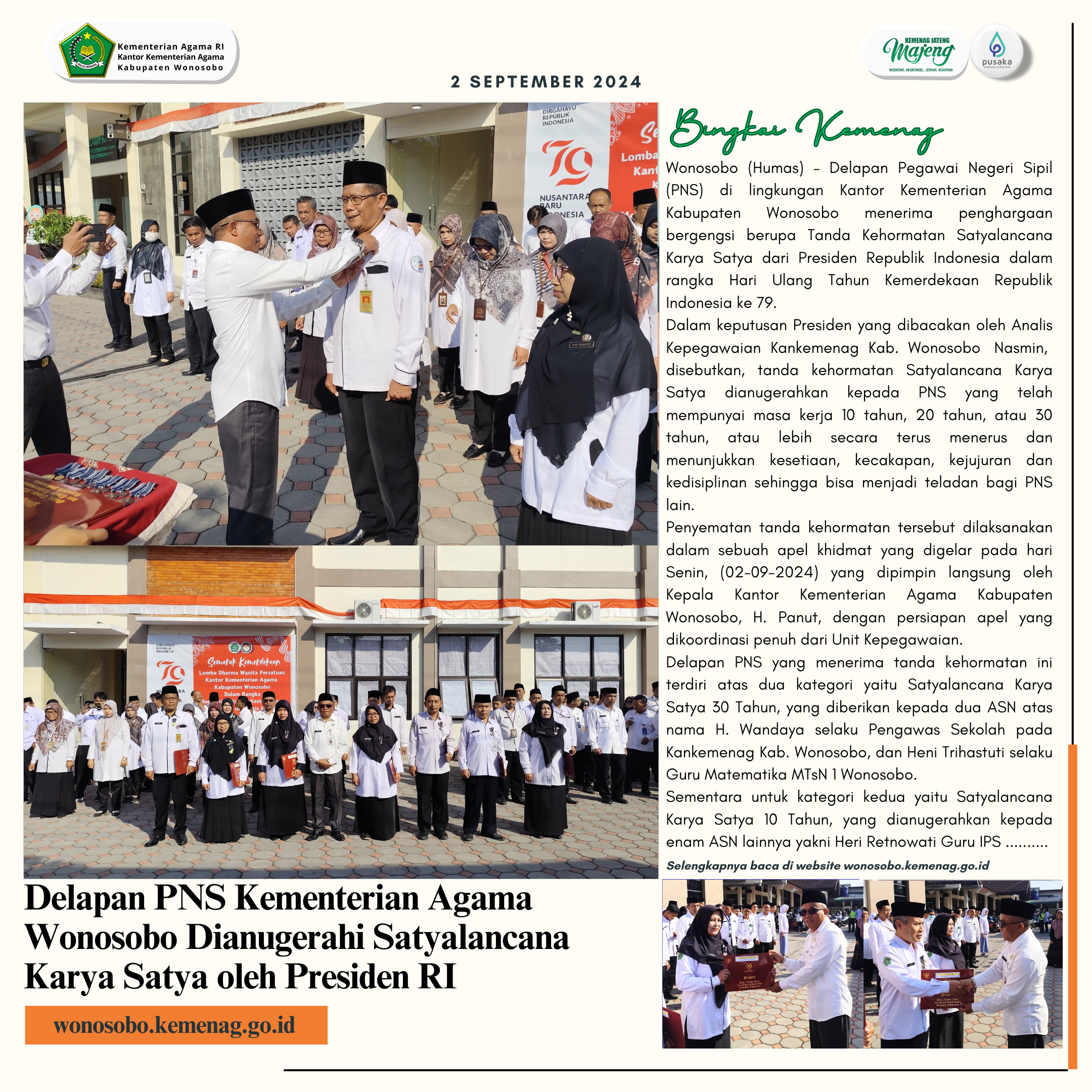 Delapan PNS Kementerian Agama Wonosobo Dianugerahi Satyalancana Karya Satya oleh Presiden RI