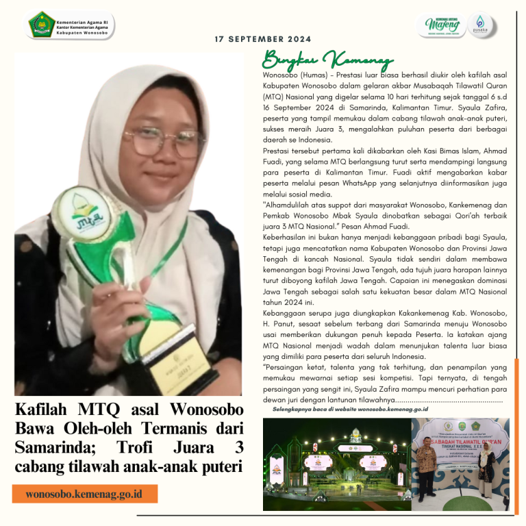 Kafilah MTQ Wonosobo Bawa Oleh-oleh Termanis dari Samarinda; Trofi Juara 3