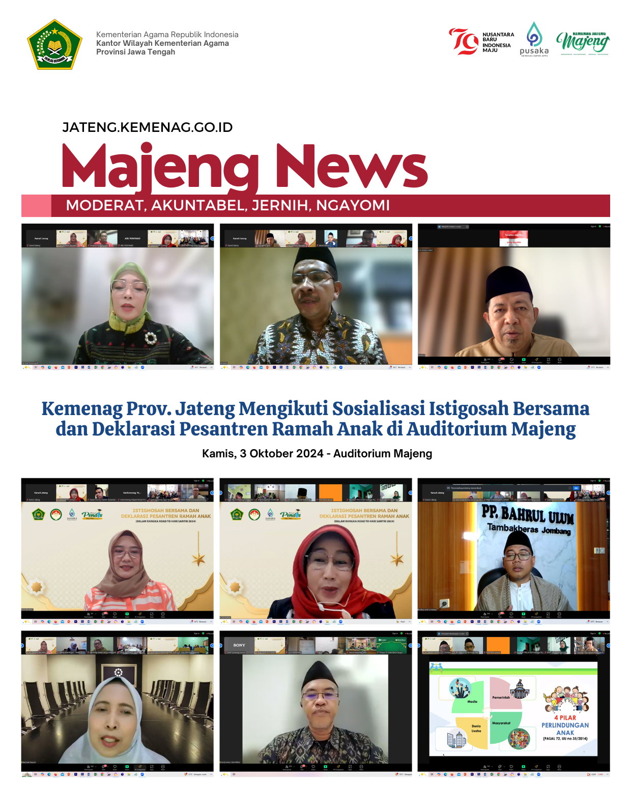 Kemenag Prov. Jateng Mengikuti Sosialisasi Istigosah Bersama dan Deklarasi Pesantren Ramah Anak di Auditorium Majeng