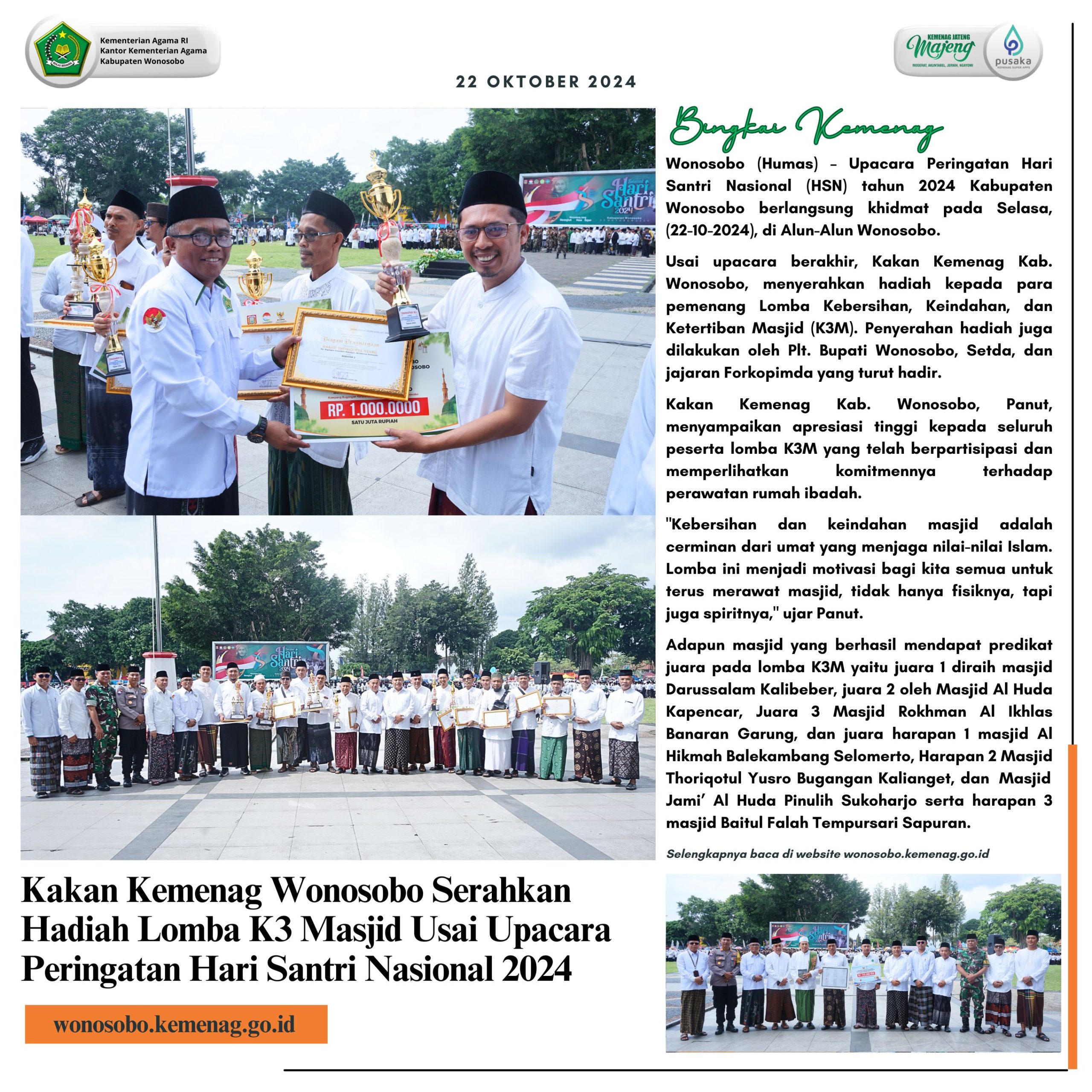 Kakan Kemenag Wonosobo Serahkan Hadiah Lomba K3 Masjid Usai Upacara Peringatan Hari Santri Nasional 2024