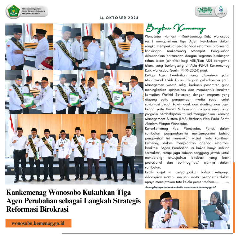 Kankemenag Wonosobo Kukuhkan Tiga Agen Perubahan sebagai Langkah Strategis Reformasi Birokrasi