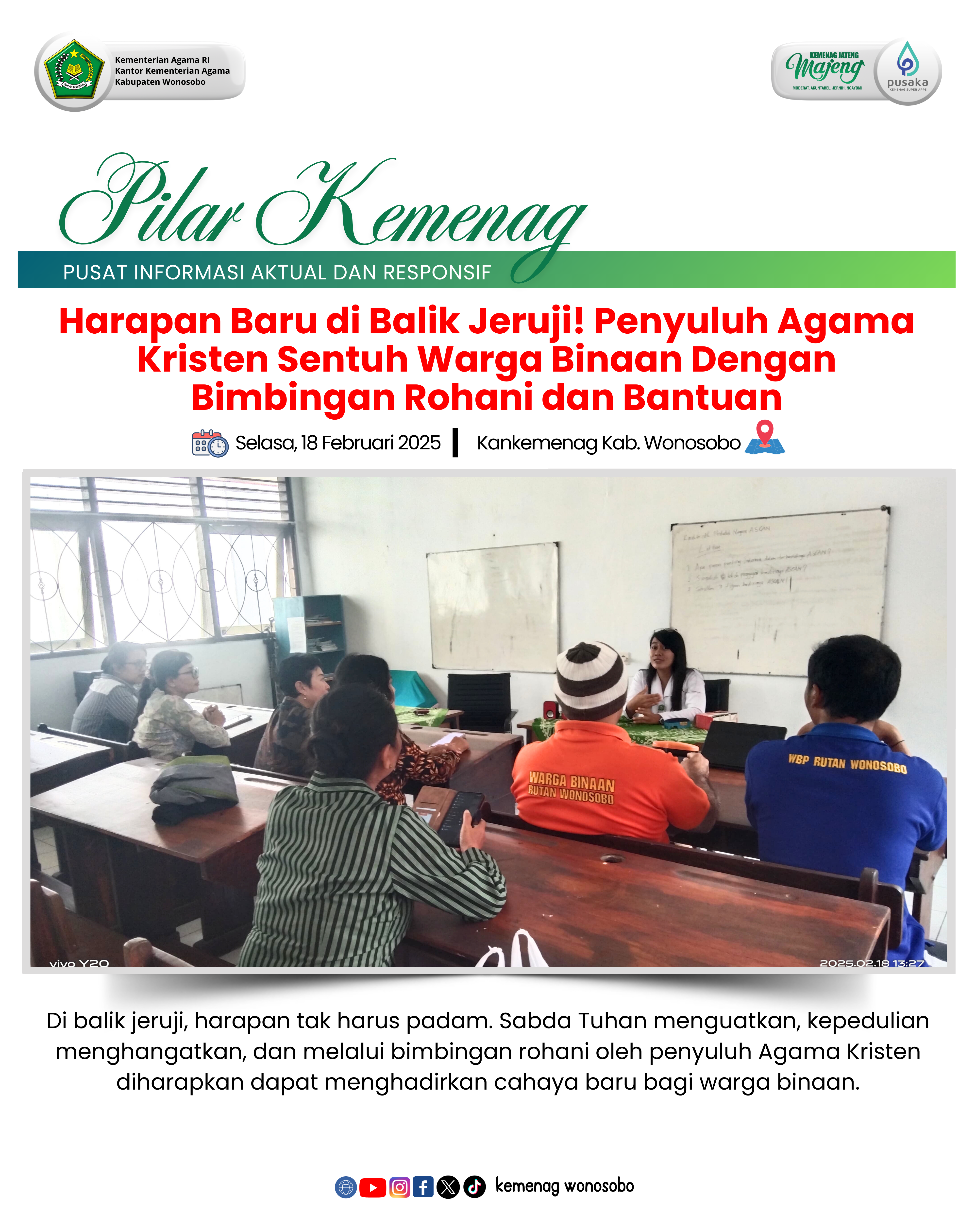 Harapan Baru di Balik Jeruji! Penyuluh Agama Kristen Sentuh Warga Binaan Dengan Bimbingan Rohani dan Bantuan