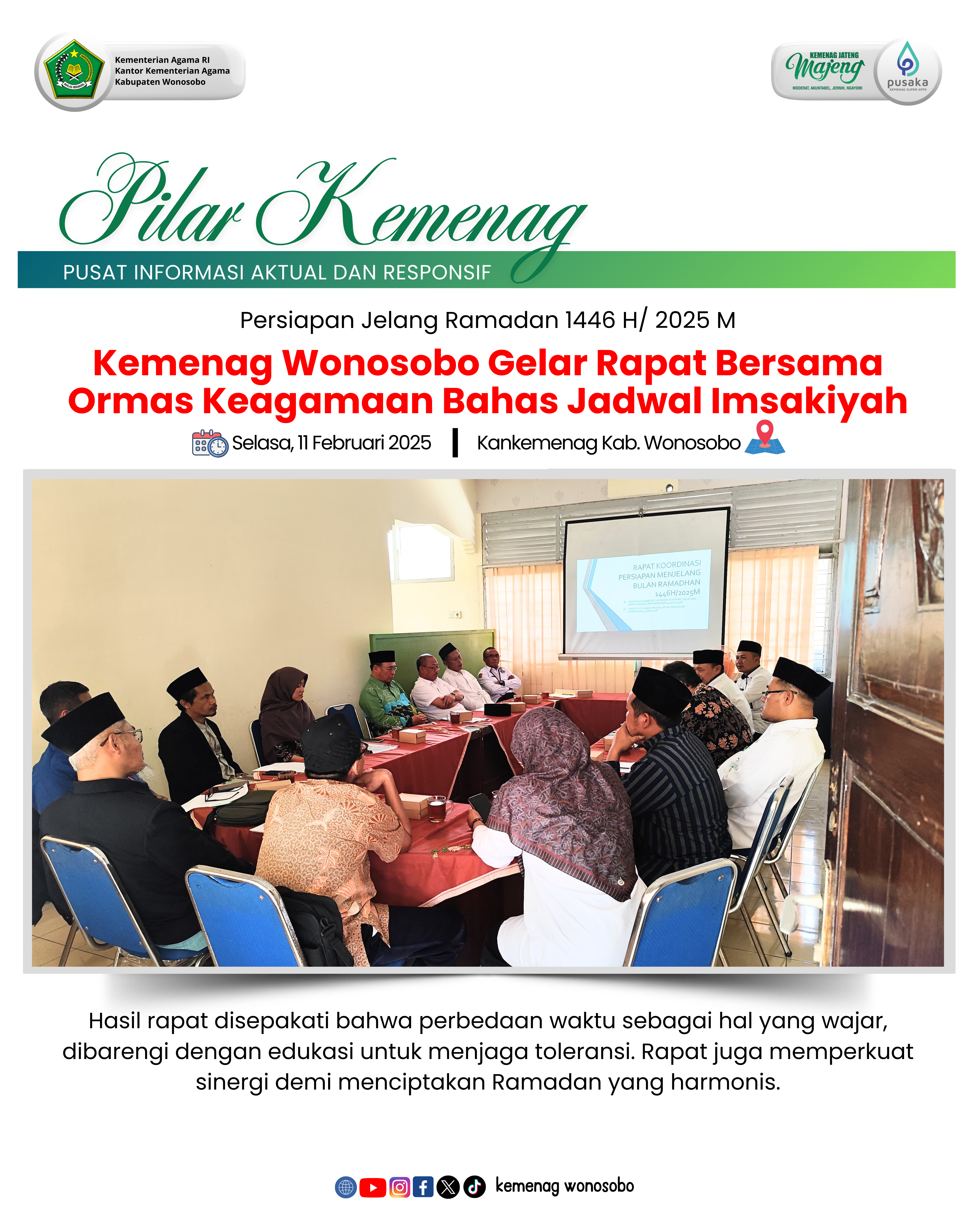 Jelang Ramadan 1446 H/2025 M; Kemenag Wonosobo Gelar Rapat Bersama Ormas Keagamaan Bahas Jadwal Imsakiyah Ramadan