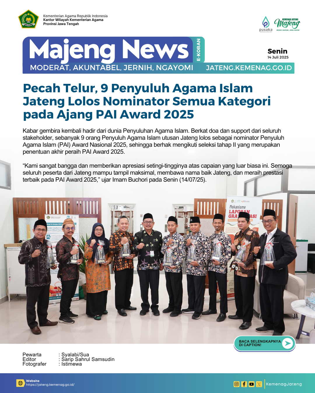 Pecah Telur, 9 Penyuluh Agama Islam Jateng Lolos Nominator Semua Kategori pada Ajang PAI Award 2025
